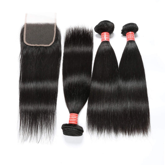 straight human hair 3 bundles with closure 1