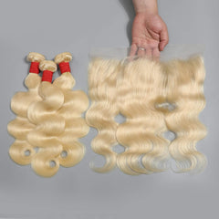613 blonde body wave human hair 3 bundles with frontal 4