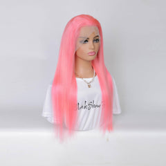 pink straight hair transparent lace frontal wig 2